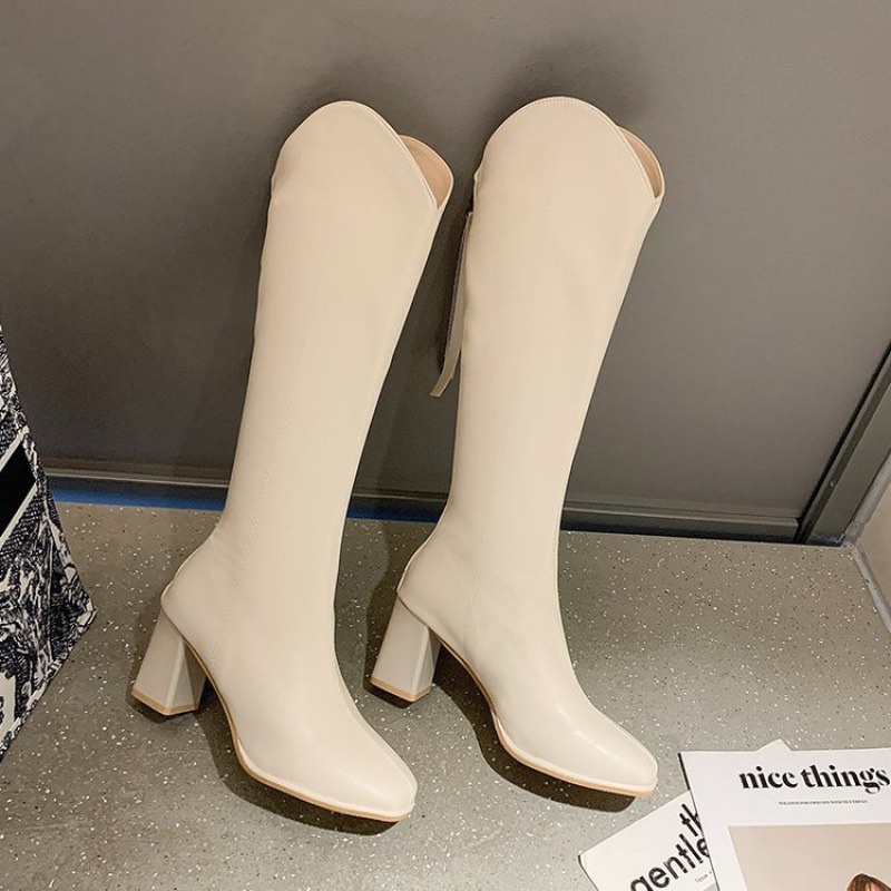 Bốt Đùi Nữ Cổ V Boot Cao Cổ Khóa Sau Da Lì Gót Vuông 7cm F69 có lót nhung mịn