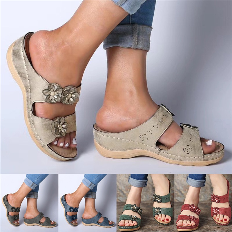 Women Fashion Casual Roman Style Flowers Open Toe Wedge Slippers Sandals
