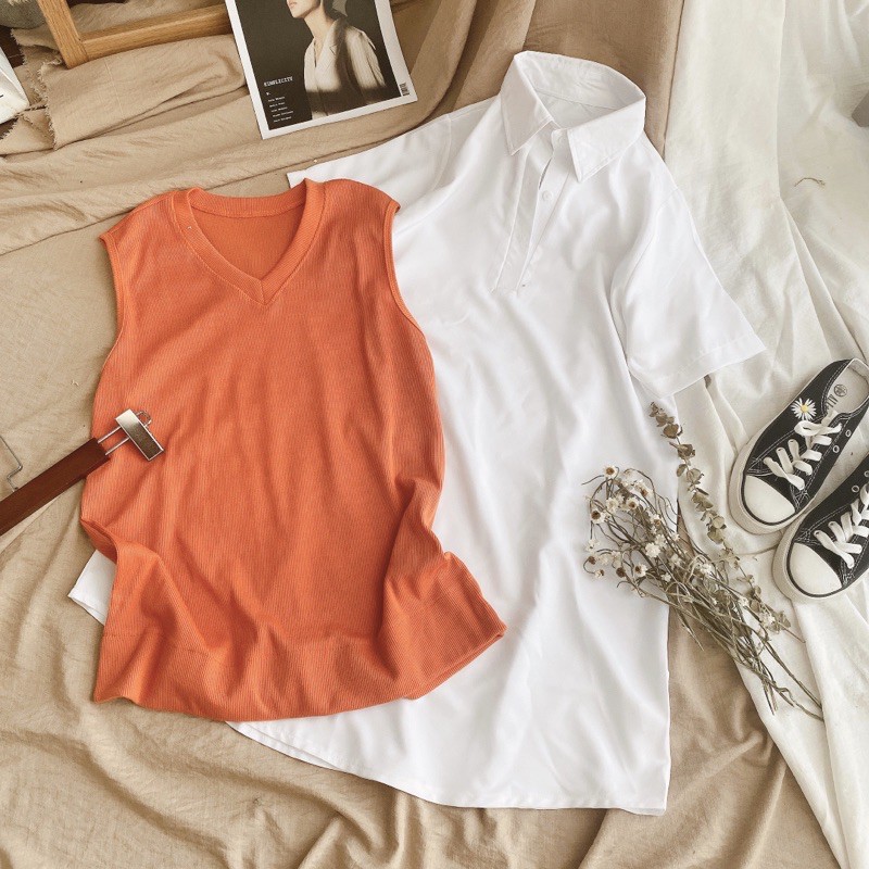 [Mã FAGREEN245 giảm 10% tối đa 30K đơn 99K] Set sơ mi giấu quần phối áo gile gân cam | BigBuy360 - bigbuy360.vn