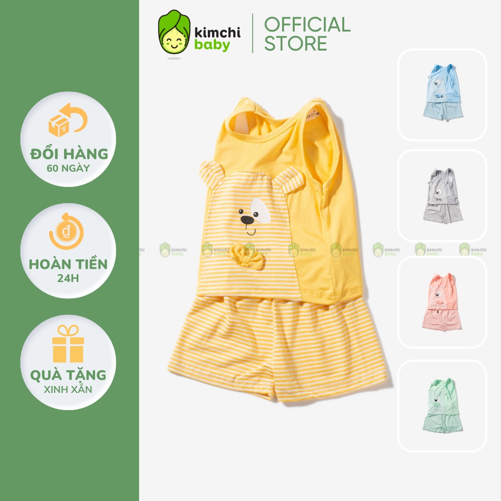 Bộ Ba Lỗ Cho Bé Trai, Bé Gái KIMCHIBABY Vải Thun Lạnh Hoạ Tiết Gấu Trúc Đính Nơ Quần Kẻ,Bộ Quần Áo Trẻ Em Mặc Nhà KW2211