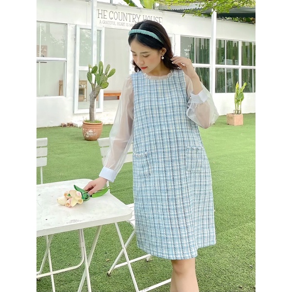 EVERMOM | Đầm bầu karo tay voan kiếng trẻ trung