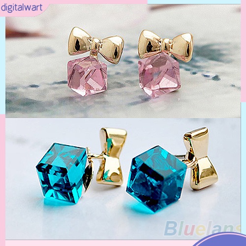 Cặp khuyên tai hình nơ đính đá quý nhân tạo khối vuông nhiều màu sắc trẻ trung cá tính dành cho nữ