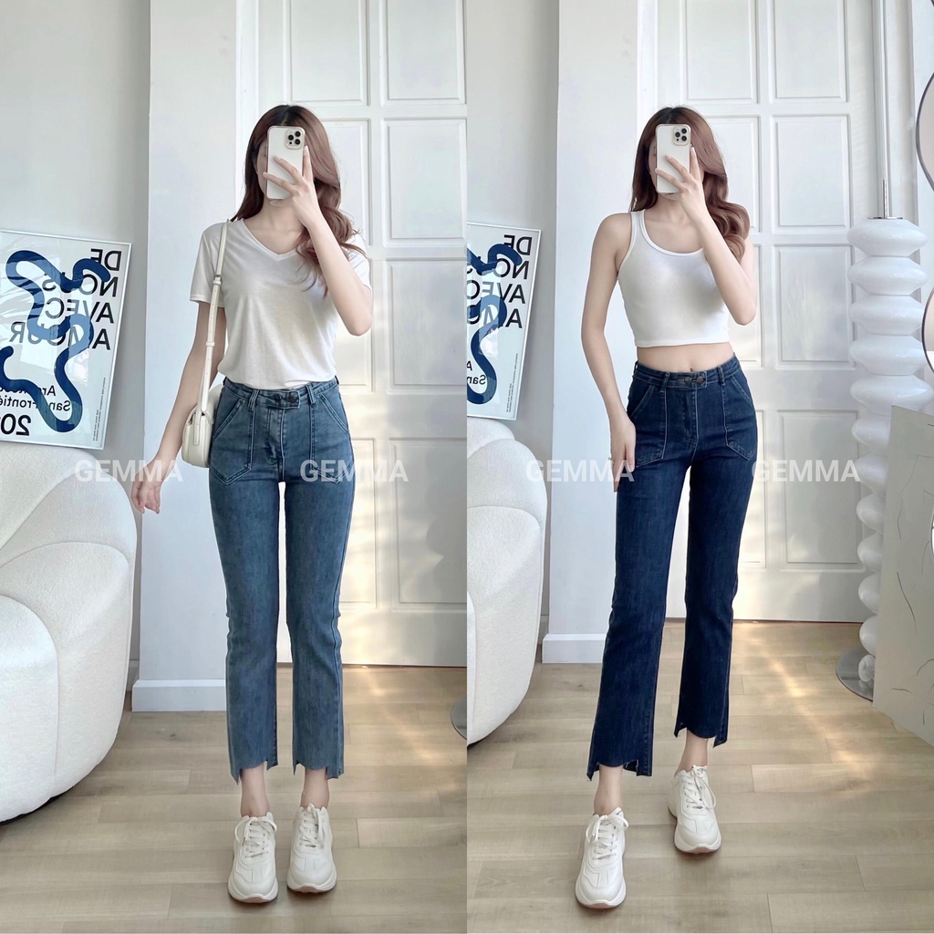 Quần jean nữ Gemma ống đứng trơn lưng cao, quần bò ống đứng nữ chất vải co giãn phong cách hàn quốc