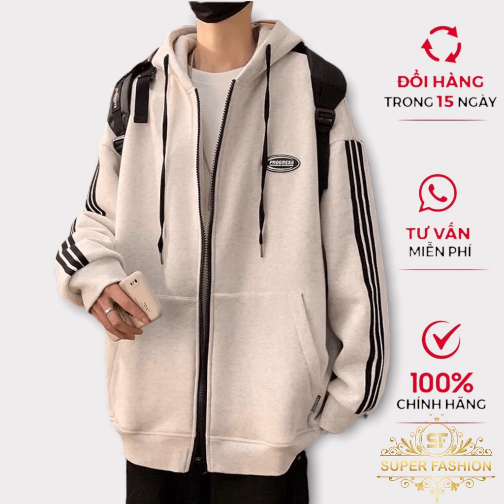 Áo khoác nam nỉ ngoại khoá kéo cùng phối đường sọc tay thời trang Super Fashion