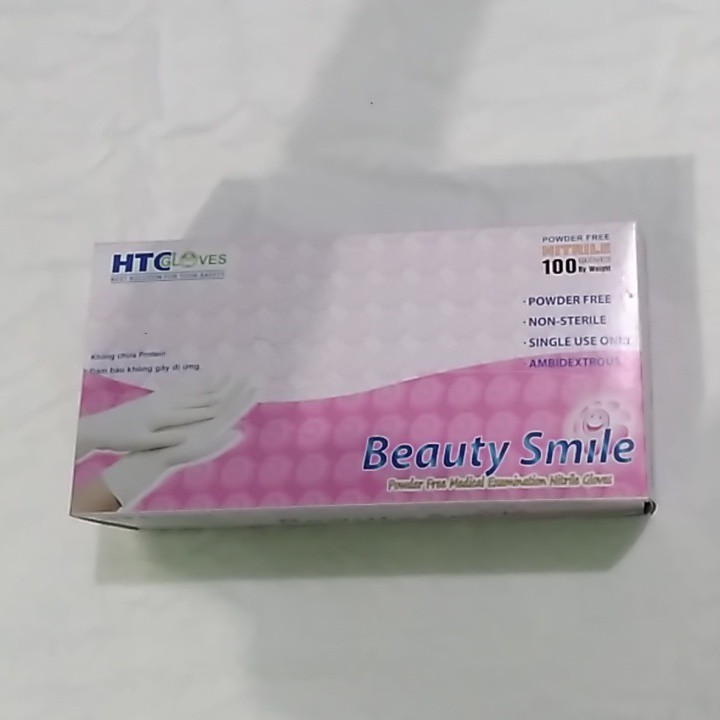 Găng tay nitrile không bột màu trắng HTC Beauty Smile - găng nha khoa 100 chiếc