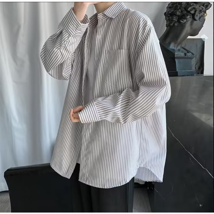 Mùa hè bùng nổ Hàn Quốc người đàn ông dài tay áo lỏng lẻo hàng ngày đơn giản phù hợp với thanh niên phổ biến mẫu sọc áo sơ mi nam dài tay