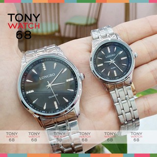 Đồng hồ cặp đôi Longbo nam nữ dây bạc mặt đen cổ điển dây kim loại chống nước chính hãng