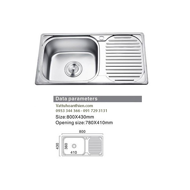 Chậu rửa chén đơn gồm: 1 hộc 1 bàn có bộ xả kèm theo, Inox 304 cao cấp