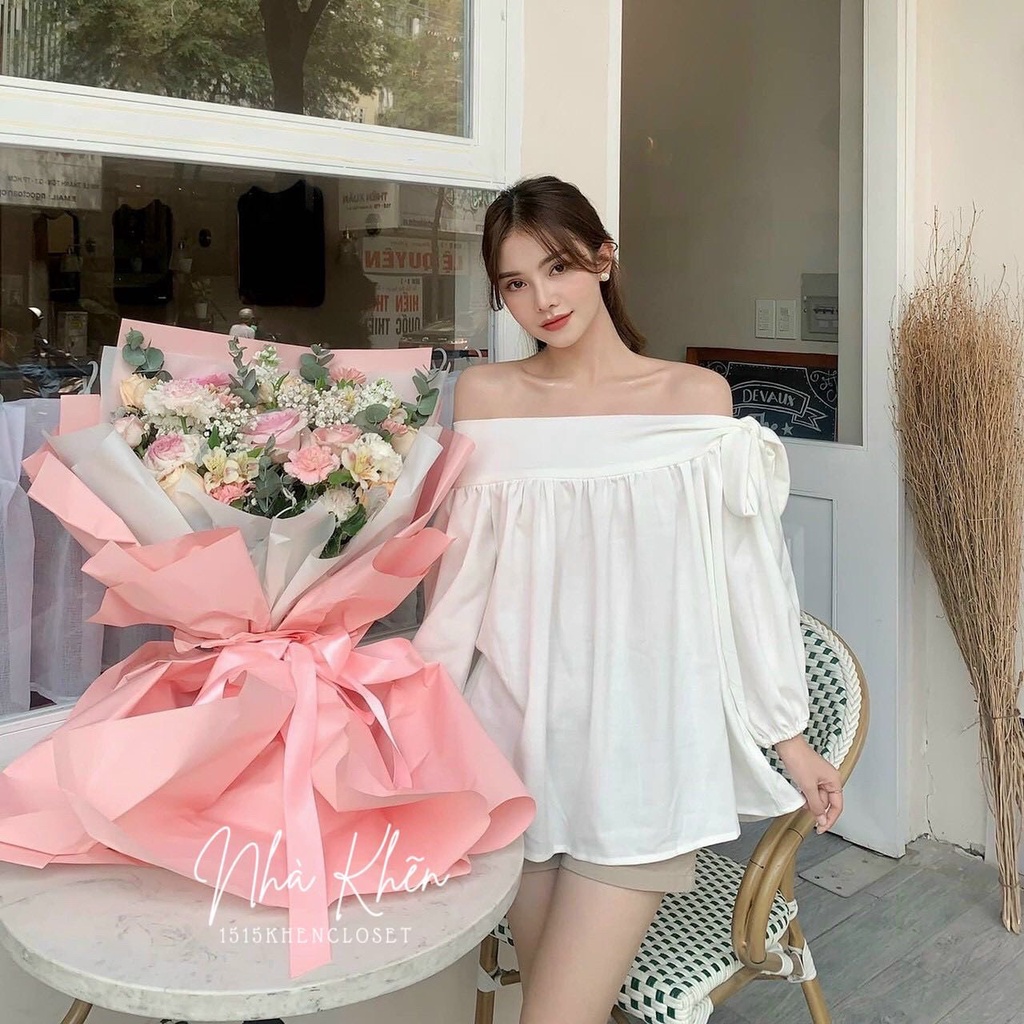Set áo trễ vai nơ 2 màu quần short
