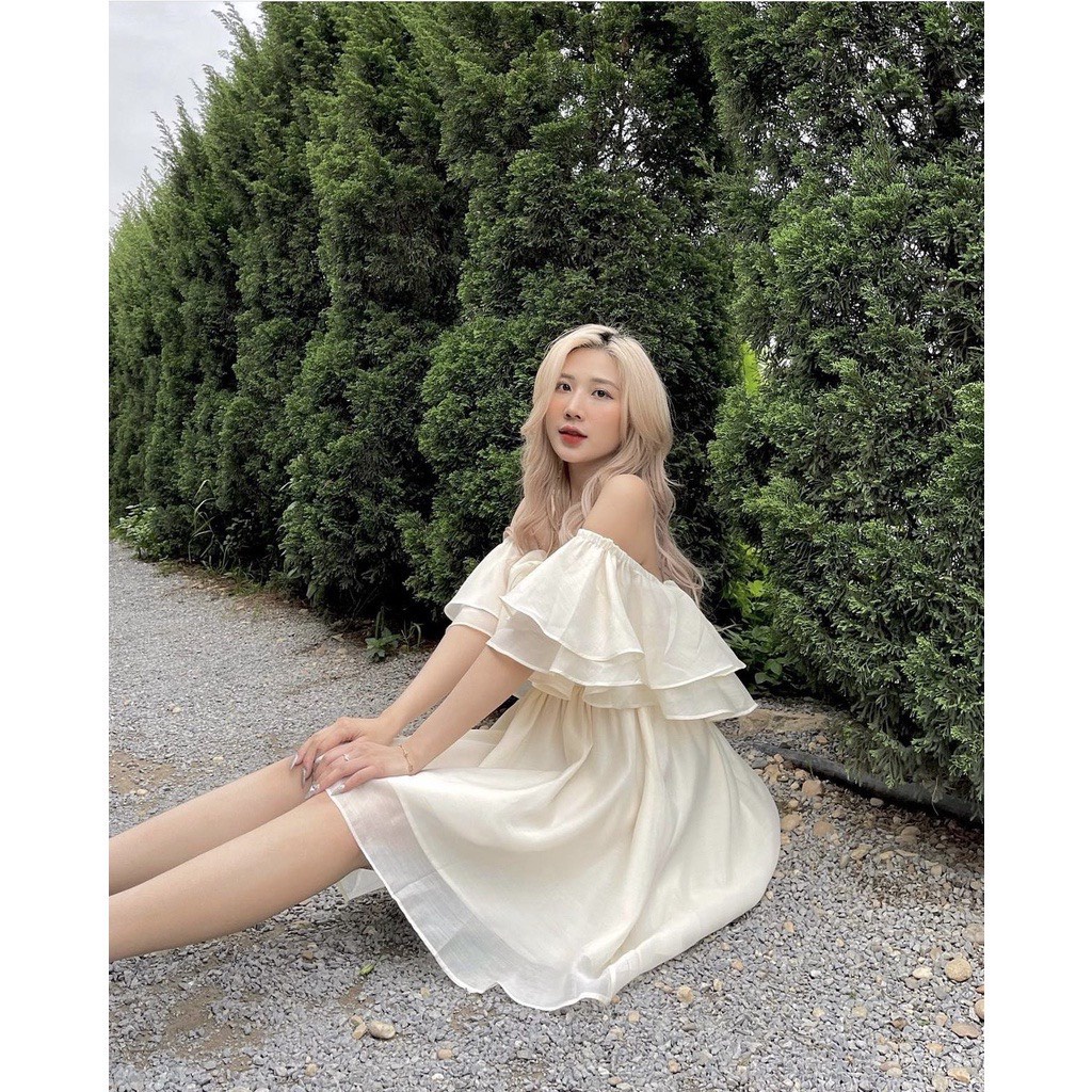 Váy babydoll trễ vai - Váy trễ vai công chúa xoè bồng chất voan đũi cát chuẩn đẹp Chang Bi Shop