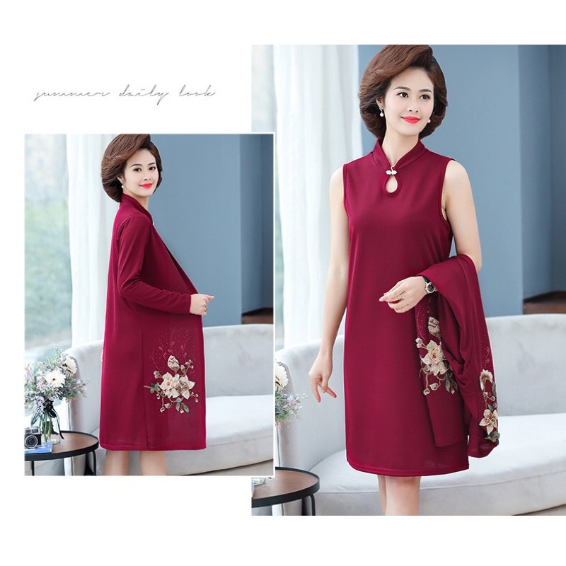 Set đầm trung niên nữ cao cấp, thiết kế rời 2 mảnh, phối hoa sang trọng NV0676