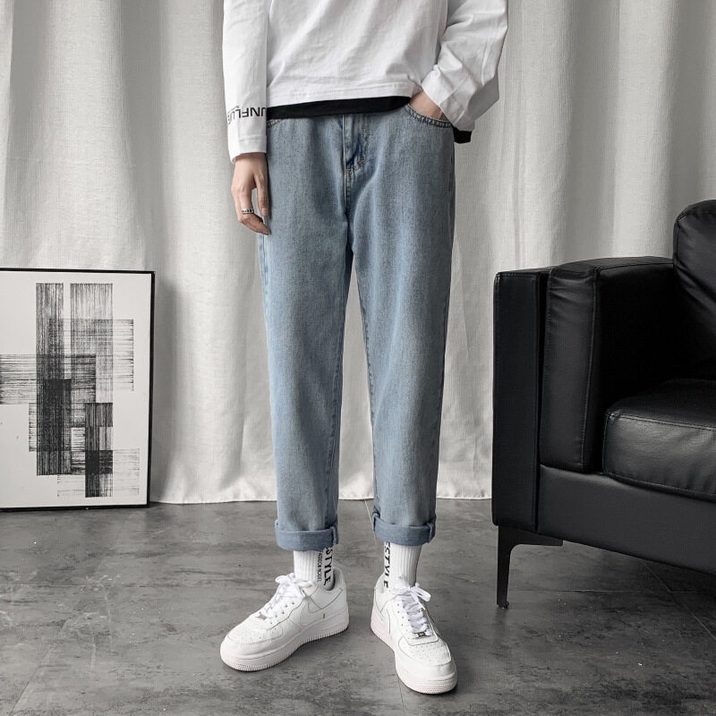 Quần jean AOKANG ống suông màu xanh dương và đen thoải mái cho cặp đôi