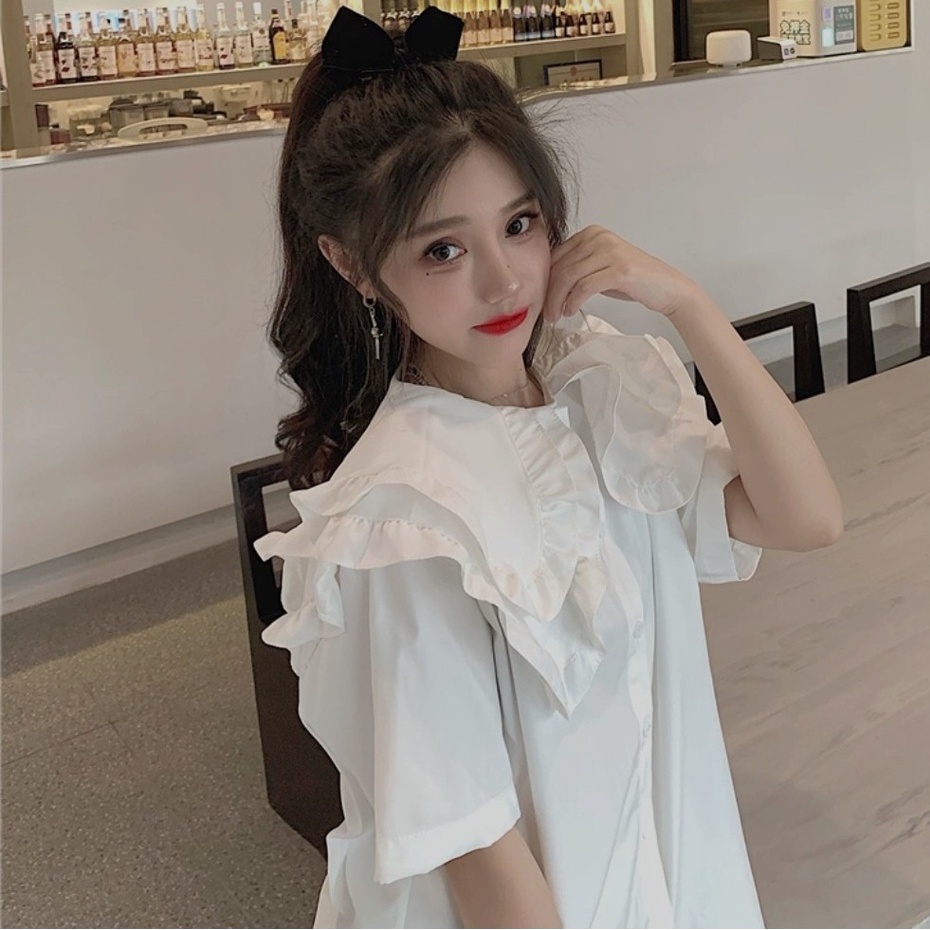 Áo sơ mi nữ tay ngắn form rộng vừa họa tiết cổ tròn bèo kiểu dáng hàn quốc - Áo sơ mi trắng cộc tay lỡ đi học không túi