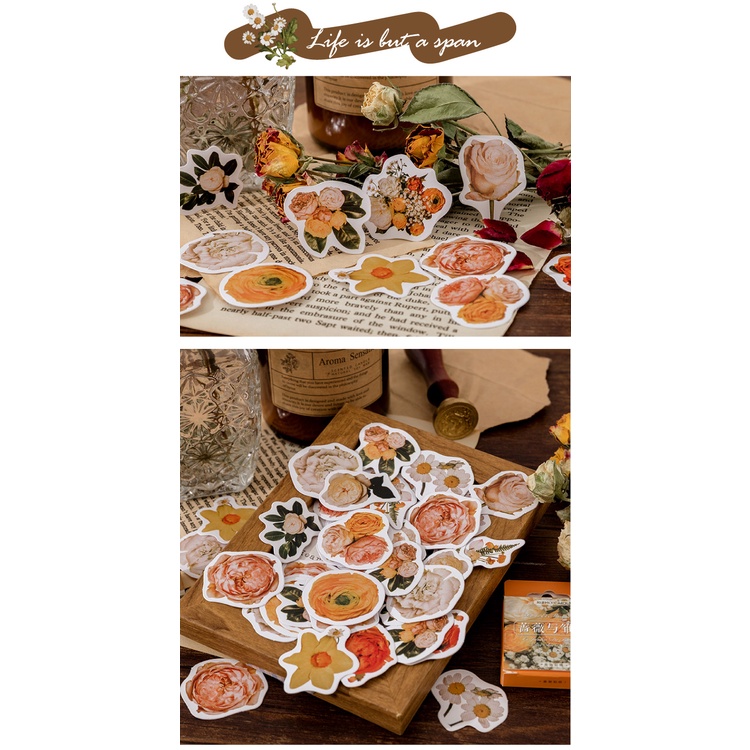 Set 46 Miếng Dán Trang Trí Sổ Tay/Nhật Ký Hình Hoa Cúc Kiểu Retro Xinh Xắn