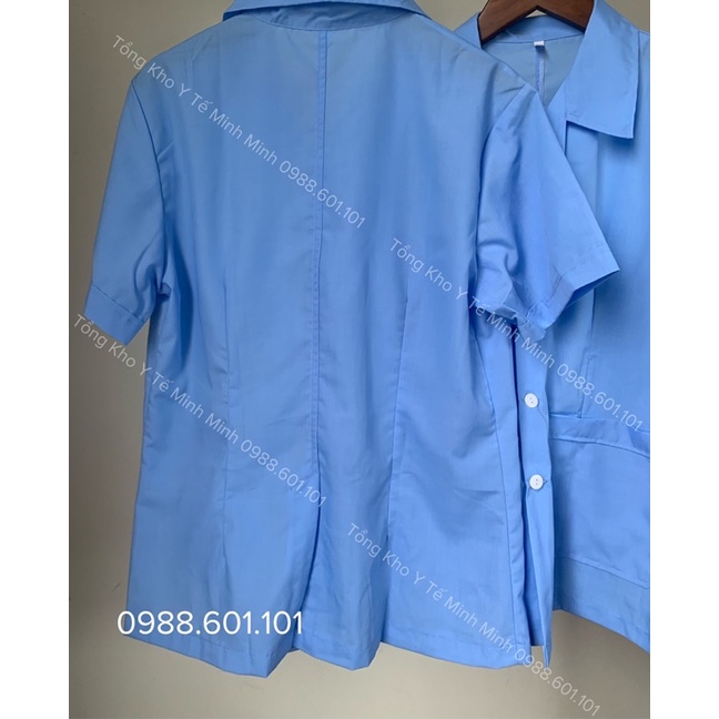 Bộ đồ công nghệ, tạp vụ, hộ lí cài khuy xanh biển nhạt có cổ