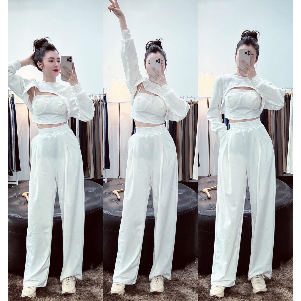 Set 3 món len croptop quần ống rộng áo khoét ngực kèm bra 2 dây DN250