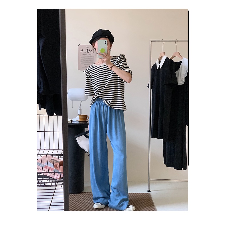 Áo Thun Tay Ngắn Cổ Tròn Dáng Rộng Kẻ Sọc Phong Cách Hàn Quốc Thời Trang Mùa Hè 52608