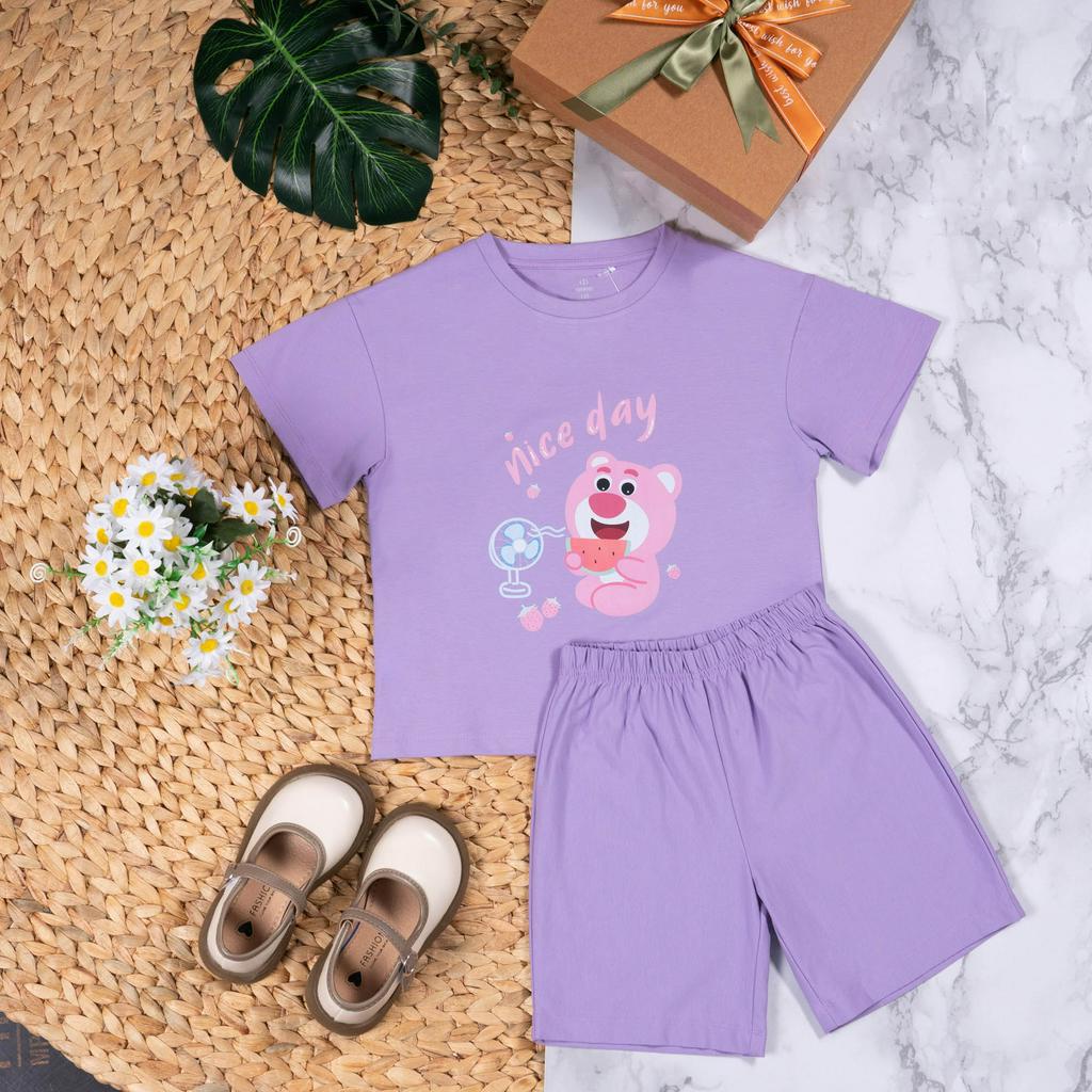 Bộ thun cộc tay cổ tròn tím gấu dâu TOONOOZ 23BD401
