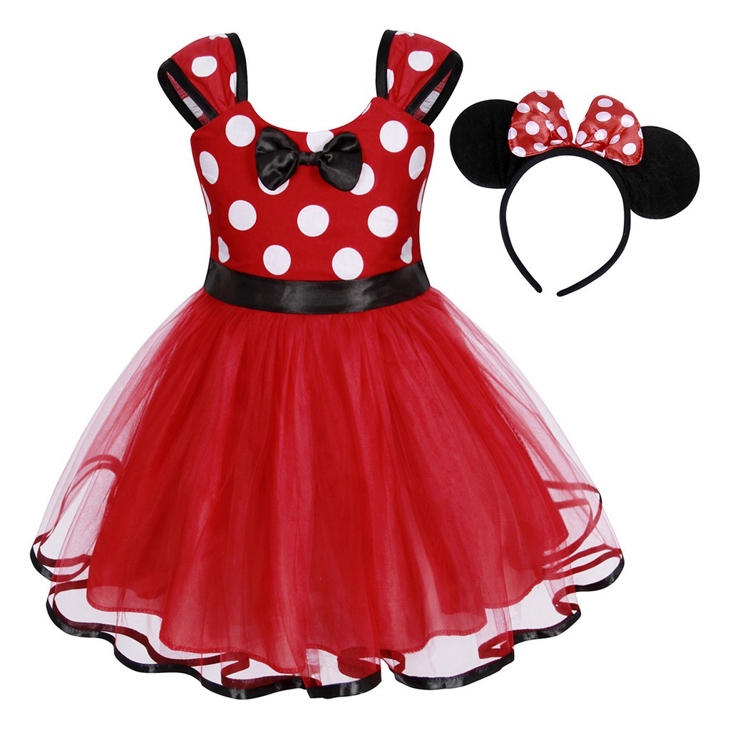 Đầm tay ngắn đính nơ họa tiết chuột Mickey dễ thương cho bé gái