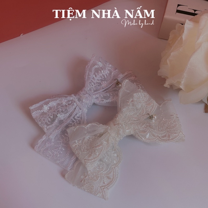 KẸP TÓC NƠ REN TRẮNG PHỐI NGỌC TREO - [Nhà Nấm handmade]