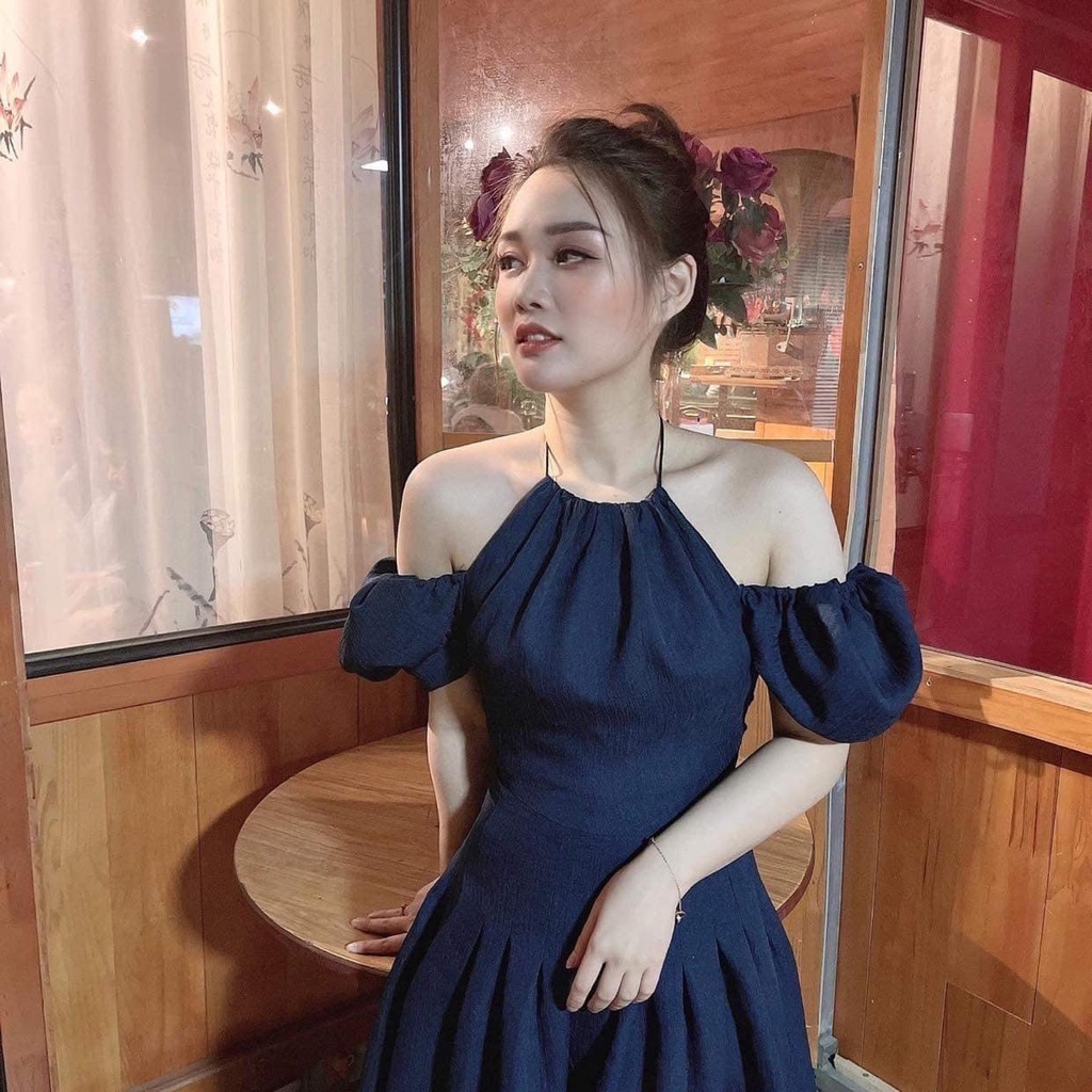 Váy thô cổ yếm đâm dáng xoè trễ vai sang chanh , váy trễ vai tay bồng tiểu thư màu xanh than đẹp hàng hai lớp-Minxy shop