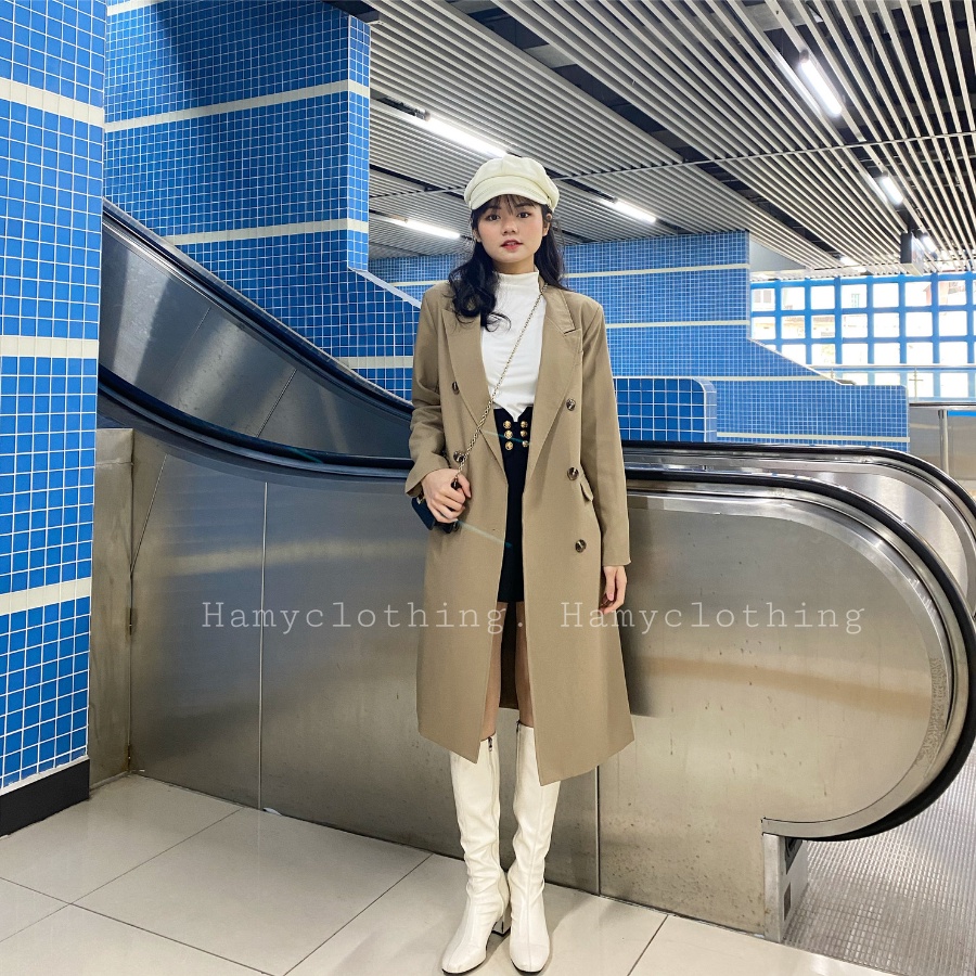 Áo mangto dáng dài lửng Hamy A-33 đai lưng hai lớp màu đen be nâu