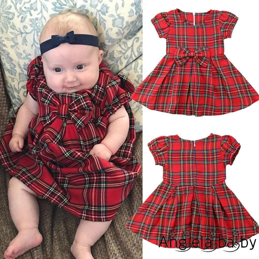 Newborn Dress clothes zipper round neck short sleeve Bow kids Princess Party cotton Plaid Mini Dresses