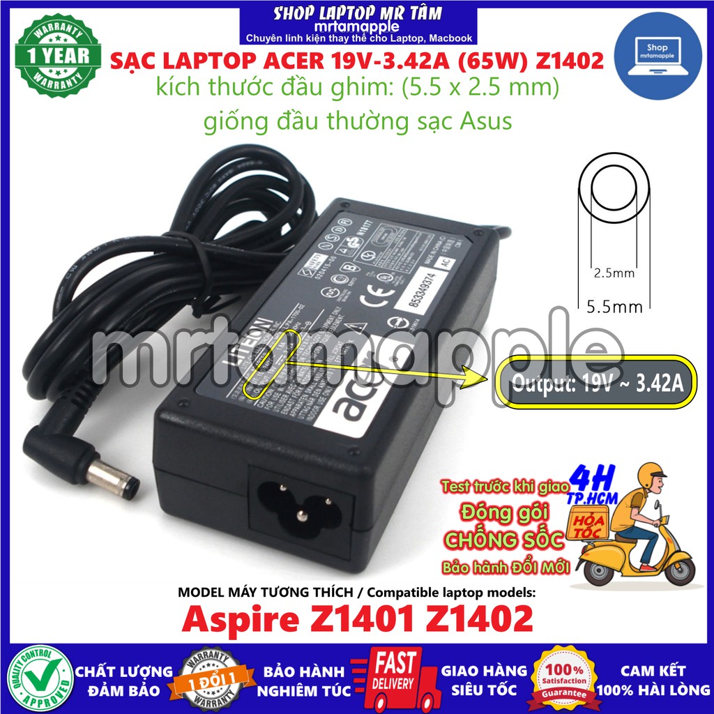 (ADAPTER) SẠC LAPTOP ACER 19V-3.42A (Đầu dùng riêng cho Acer Aspire Z1401 Z1402) (65W) kích thước đầu ghim (5.5 x 2.5 mm