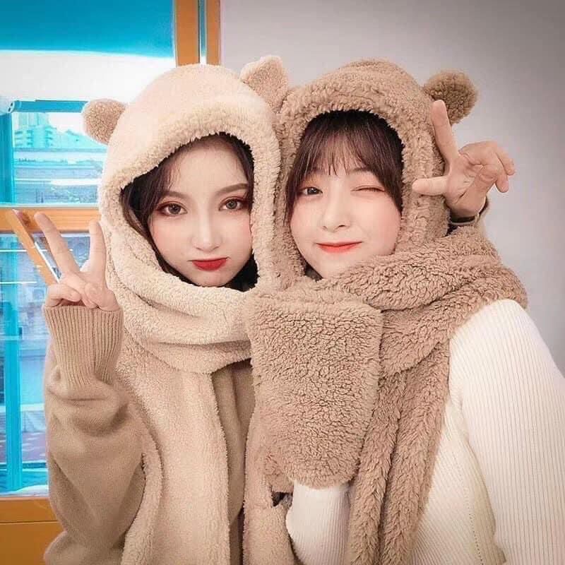 Mũ len gấu khăn quấn cổ