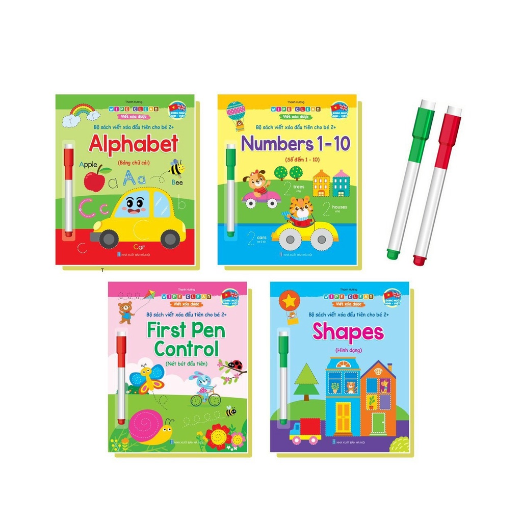 Sách Viết Xóa Song Ngữ Anh Việt đầu tiên bộ 4 cuốn Alphabet Numbers  TẶNG KÈM 2 BÚT