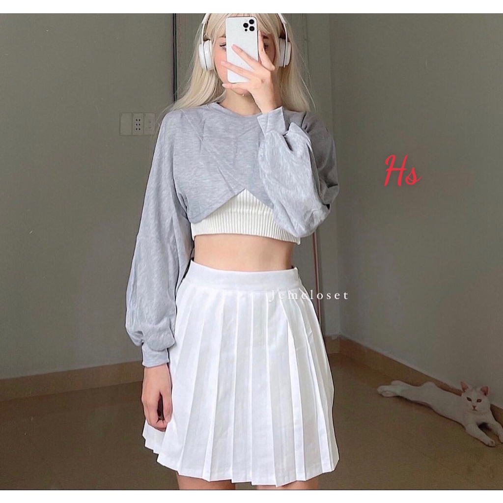 SQ011 - Bộ ba món Áo quây ống và áo croptop crt dài tay trắng tay bo thêm quần Jogger ống rộng rút dây cute