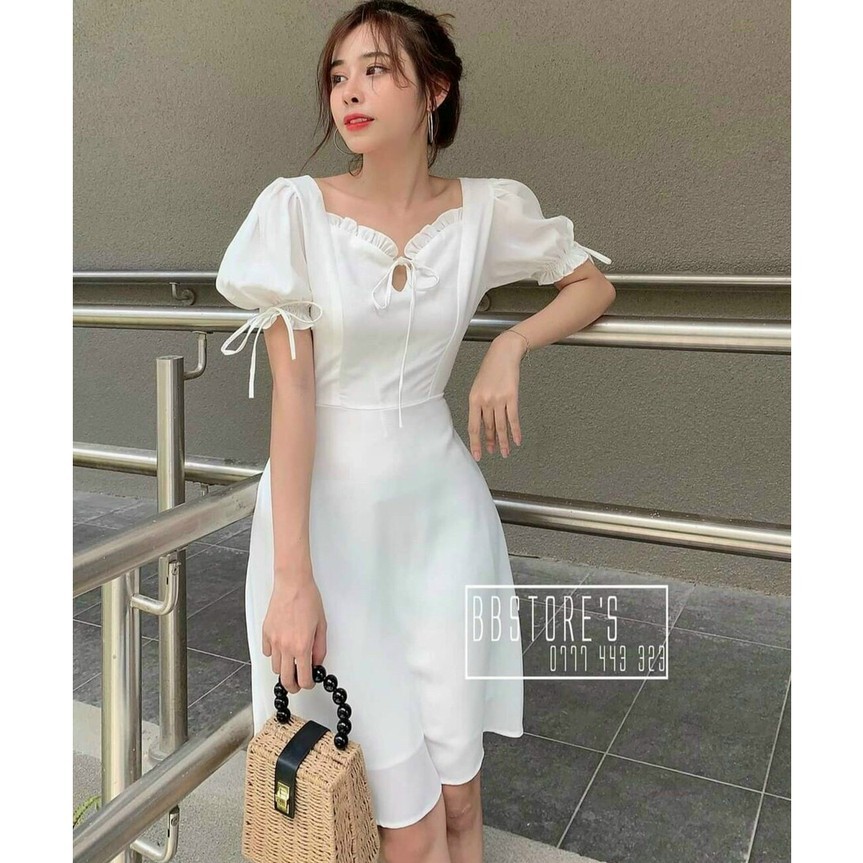 Gunkaymatter Váy Đầm Nữ Cổ Bèo Nhún Tay Dáng Tiểu Thư Ngực Phối Dây ,Chất Liệu Voan Cao Cấp Thời Trang Nữ