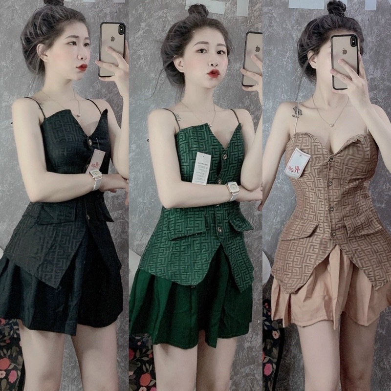 Set Bộ Áo Dây Cổ V Cúp Đính Núc Khuy Vạt Xẻ Kèm Chân Váy Xếp Ly