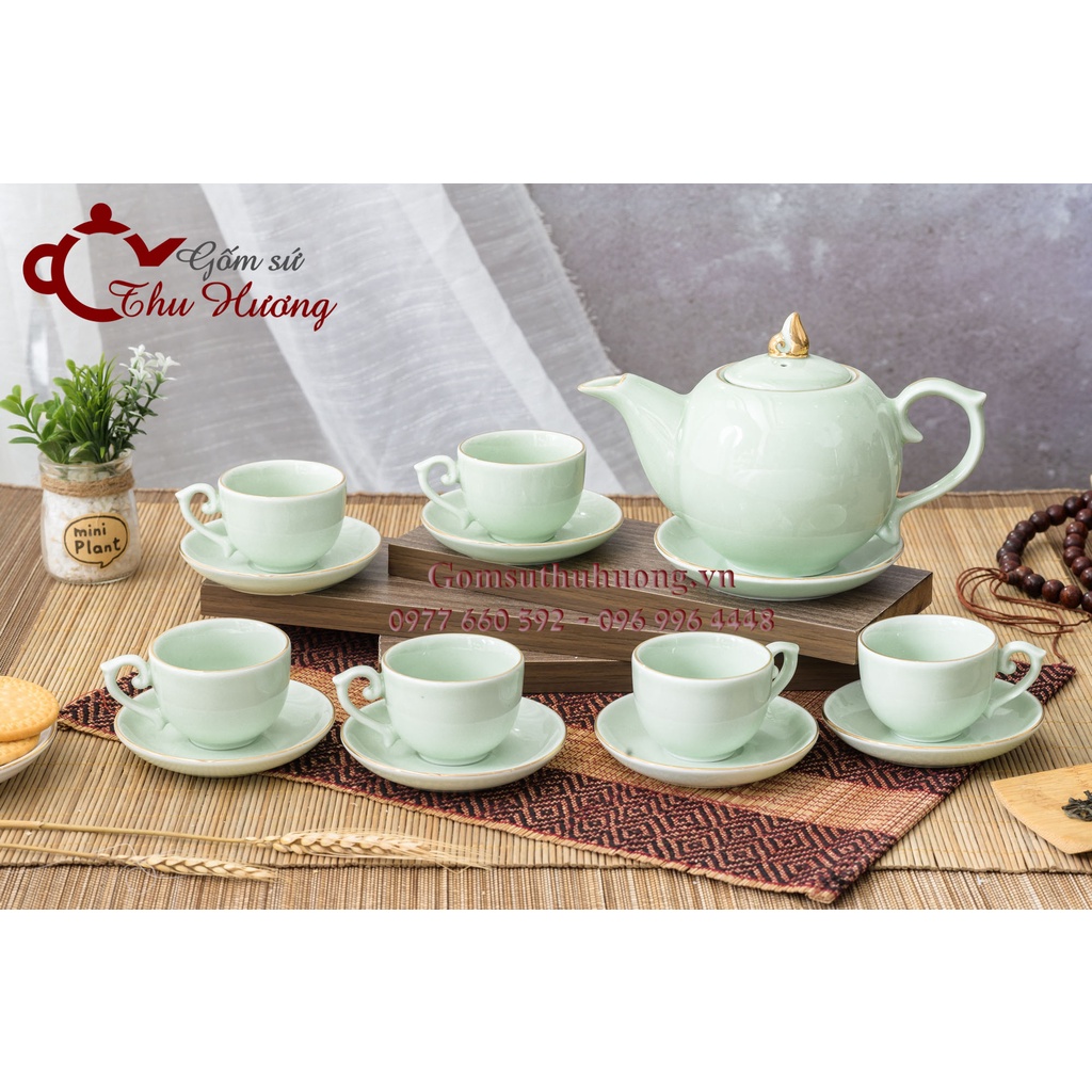 Bộ ấm chén Bát Tràng_Bộ ấm trà Chóp lửa men xanh ngọc vàng kim