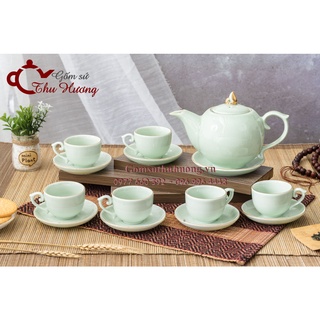 Bộ ấm chén Bát Tràng_Bộ ấm trà Chóp lửa men xanh ngọc vàng kim