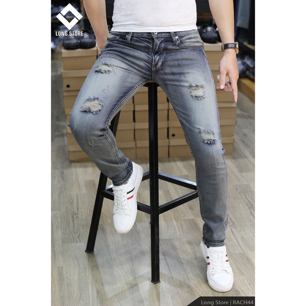 Quần jean nam rách xanh bạc bụi ✅CÓ BIG SIZE✅ Quần bò nam dáng ôm SLIMFIT skinny co giãn cao cấp - Rach44