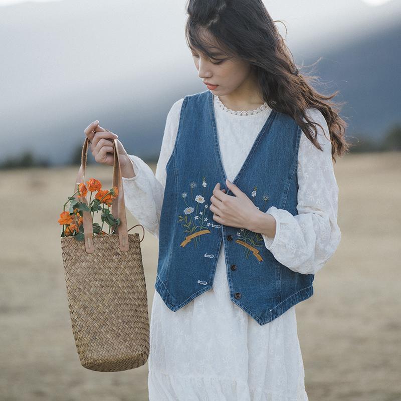 Áo Khoác Denim Không Tay Dáng Rộng Thêu Họa Tiết Cổ Điển Hợp Thời Trang Mùa Thu 2022