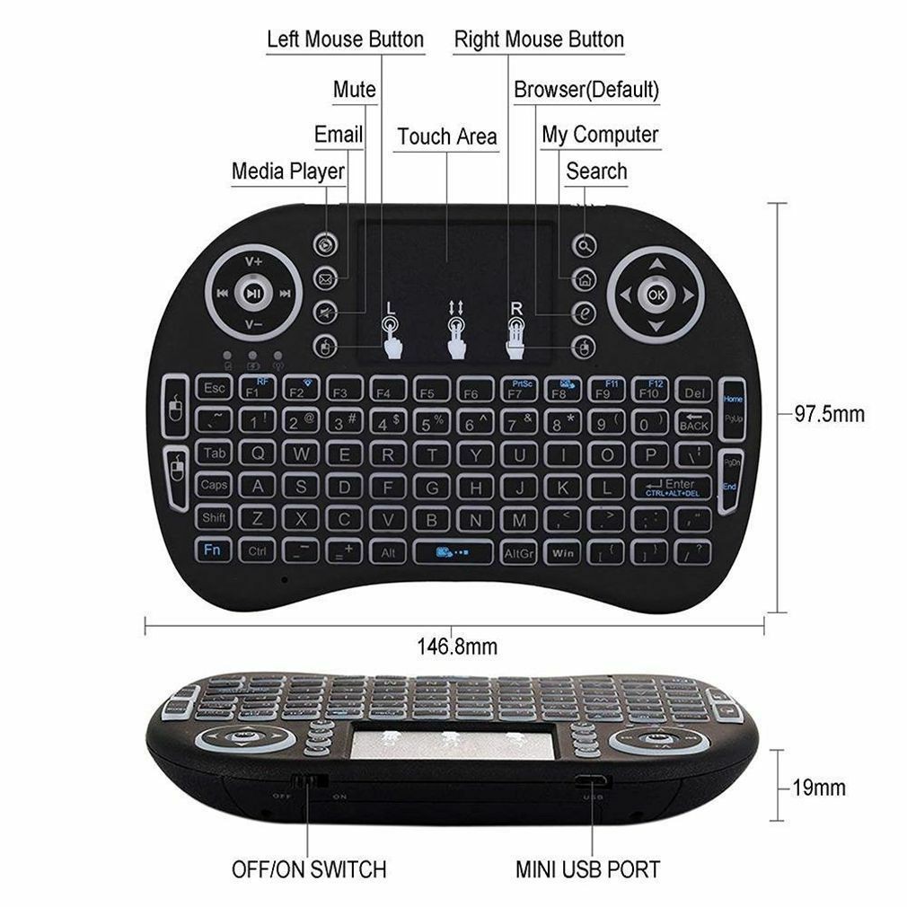 Bàn phím không dây mini có bàn di chuột i8 2.4Ghz cảm ứng đèn nền đẹp tiện lợi