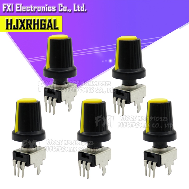 Set 5 Chiết Áp RV09 1K ~ 500K Ohm 3pin + 5 Nút Vặn Màu Vàng