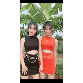 Đầm Khoét Eo Phối Xích Thời Trang Nữ