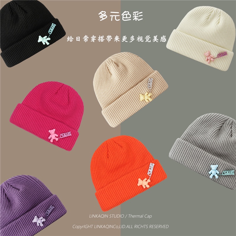 Mũ len họa tiết gấu ghim bên trong phong cách Nhật Bản thời trang thu đông cho nữ