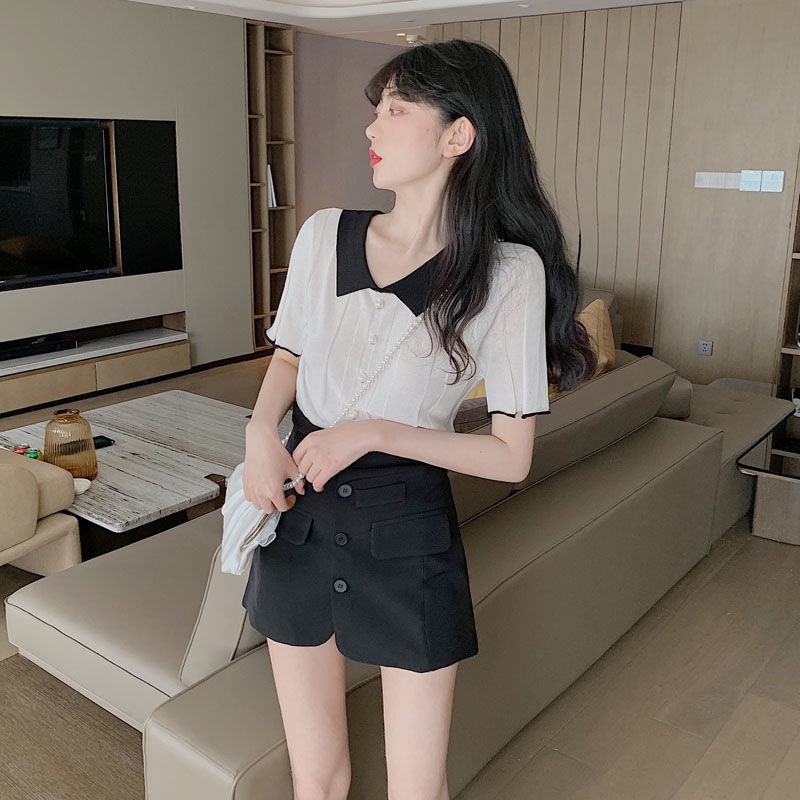 Áo dệt kim mỏng tay ngắn cổ búp bê phong cách thời trang mùa hè cho nữ