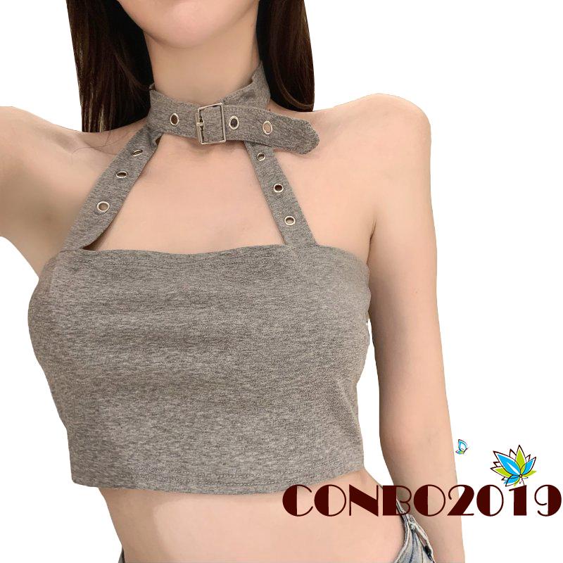 Hgm Áo Croptop Không Tay Hở Lưng Màu Trơn Mùa Hè Cho Nữ Màu Trắng / Xám / Đen