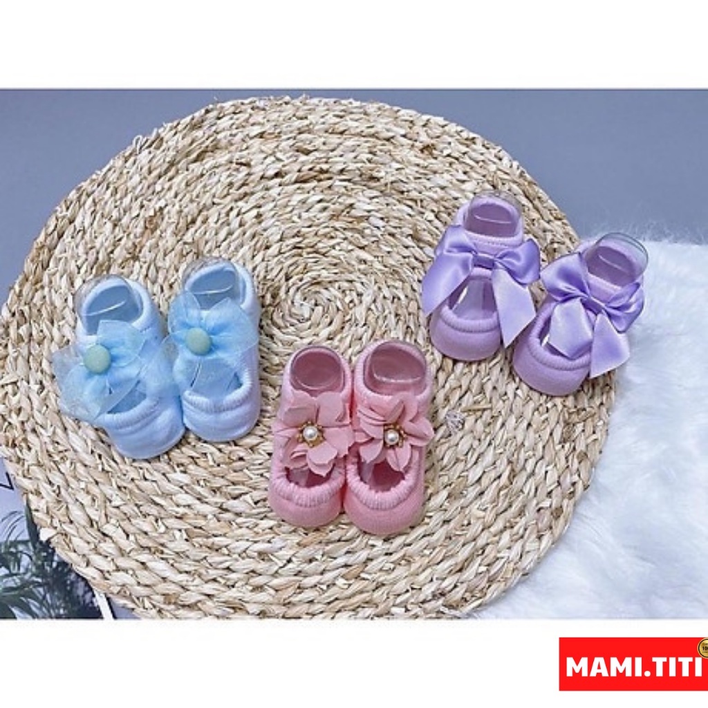 Tất cho bé sơ sinh, SET 3 ĐÔI TẤT VỚ SƠ SINH/ TẤT HÀI ĐÍNH NƠ SIÊU CUTE CHO BÉ GÁI chất liệu 100% COTTON - MAMI TITI