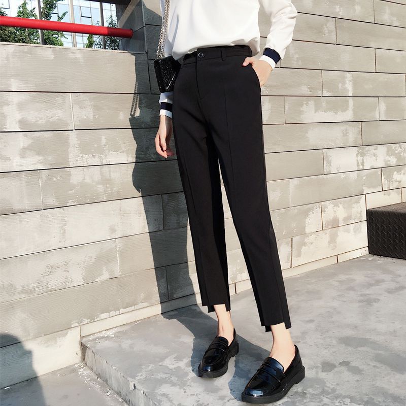Quần vải nữ cạp cao ống gấu lệch đi học sinh màu đen chất vải tuyết mưa mềm trơn - Quần tây nữ công sở lưng cao dáng dài