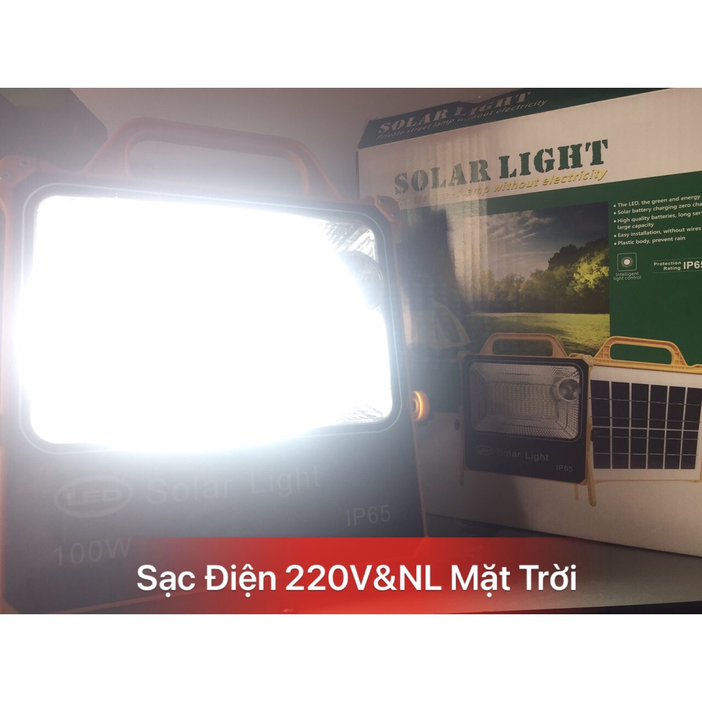 Đèn Pha Năng Lượng Mặt Trời 100w Cầm Tay, Sạc Được Cả Điện 220V&amp; Năng Lượng Mặt Trời