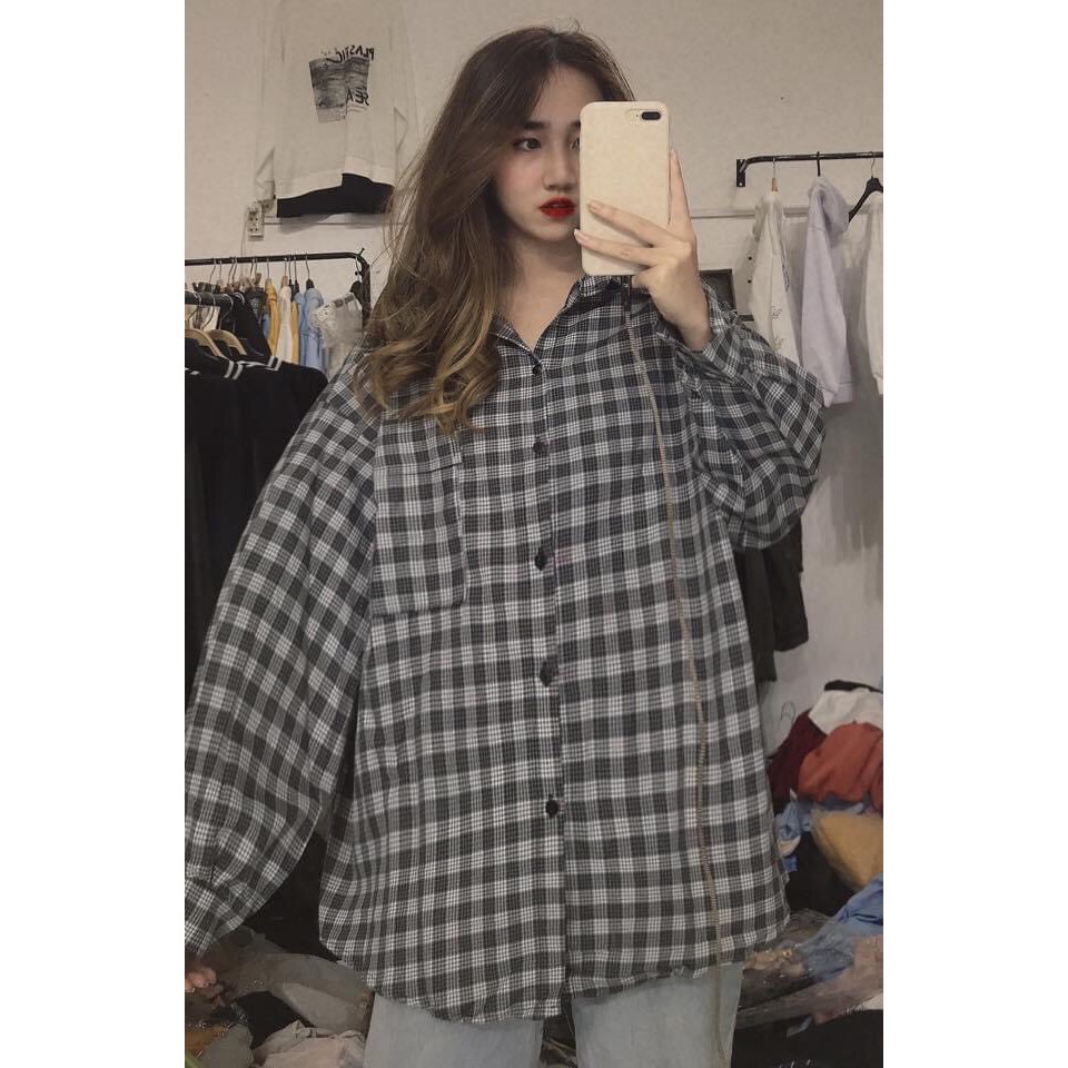 Áo Sơ MI Kẻ Caro Túi Ngực Oversize ❤️ HanaStore - Freeship ❤️ Áo sơ mi form thụng dài tay nhiều màu Ulzzang SIÊU HOT ❤️