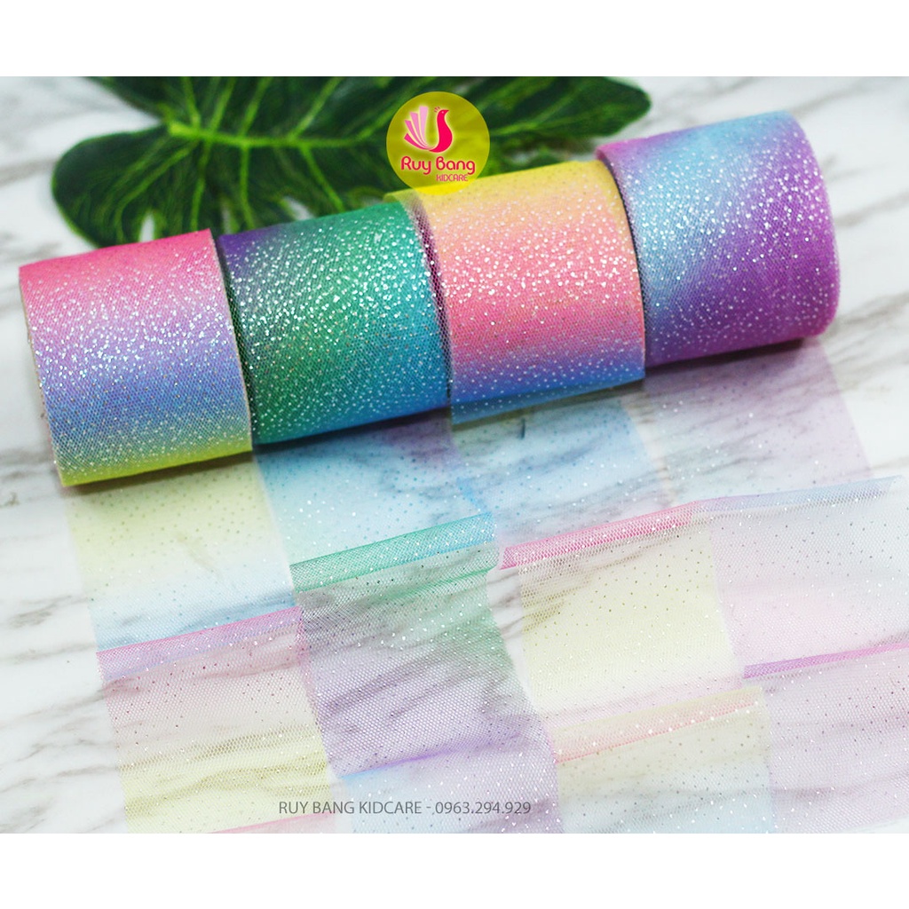 Ruy băng voan lưới phủ nhũ cầu vồng rộng 6cm