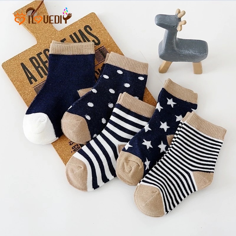 Bộ 5 Đôi Vớ Cotton Dệt Kim Họa Tiết Sọc In Hình Thú Cho Bé Sơ Sinh 0-6 Tuổi