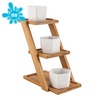 Bộ 3 chậu trồng cây cảnh bằng gốm trắng kèm kệ tre 3 tầng